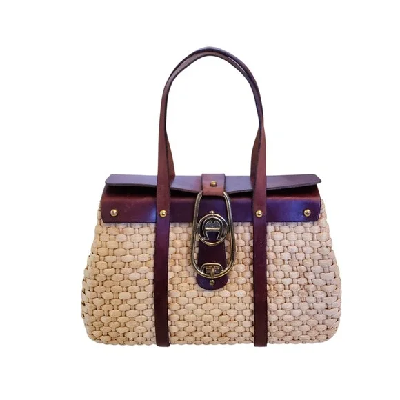 Etienne Aigner Vintage Woven Straw Double Handle Purse, Leather & Brass Details - Picture 1 of 16
